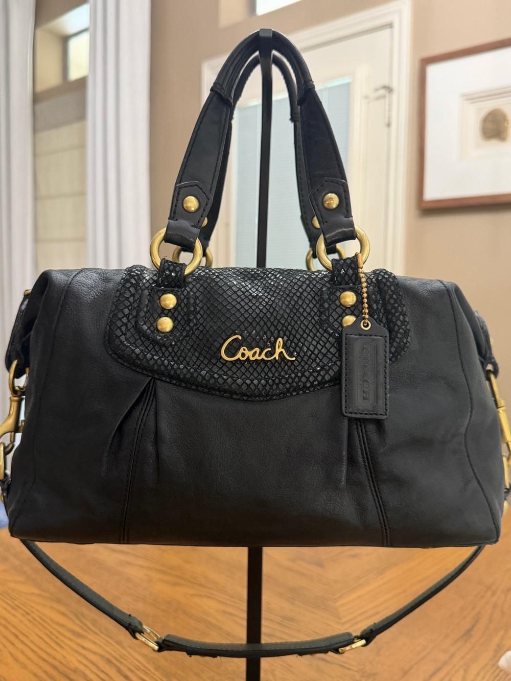 Coach Ashley Black Leather and Python Embossed Satchel Shoulder Bag